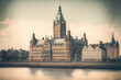 Panorama of the city of Antwerp, Belgium, including the Scheldt River and the imposing Pilotage Authority Building. toned coolly. Generative AI