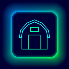 Poster - Glowing neon line Farm house icon isolated on black background. Colorful outline concept. Vector