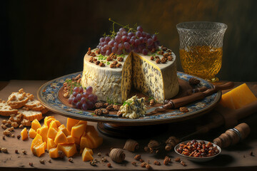 Sticker - Platter of cheese and pork with nuts and raisins. Generative AI