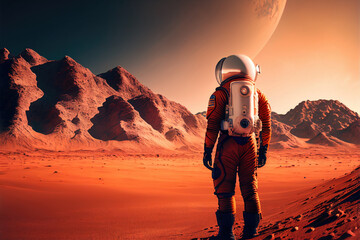 Wall Mural - alone astronaut in space suit on surface of red planet. space exploration, colonization of new plane