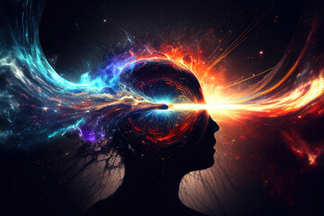 Silhouette of head with glowing neural connections. Spiritual connection with other world. Trance and hypnosis concept. Process of human thinking. Created with Generative AI