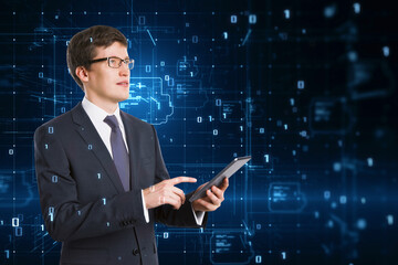 Poster - Young european businessman using mobile phone with glowing tech metaverse grid on blurry dark background. Connection technology and laser mesh concept. Double exposure.