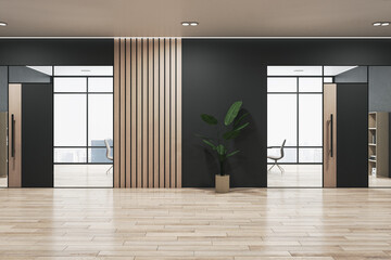 Poster - Clean wooden and concrete office hallway interior with furniture, window with city view and daylight. 3D Rendering.