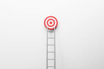 Poster - Business mission, planning and goal concept with grey ladder and red and white target on abstract light wall background. 3D rendering