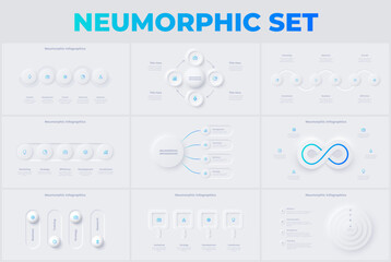 set of light neumorphic infographic slides. business data visualization for presentation. unique neu