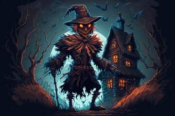 Poster - illustration for a dark fantasy painting, a scarecrow, a halloween night house. Generative AI