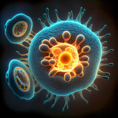 Wall Mural - cancer cell dividing and embryonic stem cells in the background. created with ai generation tools
