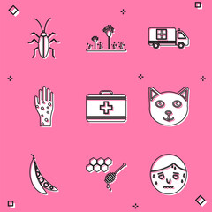 Sticker - Set Cockroach, Mold, Emergency car, Hand with psoriasis or eczema, First aid kit, Pet, Kidney beans and Honeycomb honey dipper icon. Vector