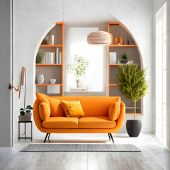 Cozy modern living room interior with orange sofa and decoration room on a orange or white wall background, Generative AI
