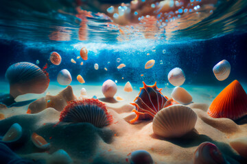 Wall Mural - Seashells  underwater background. Generative AI.