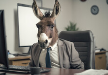 Portrait Of Donkey In A Business Suit At The Office. Generative Ai
