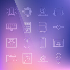 Sticker - Set line Light bulb, Warehouse, Wrist watch, Smart sensor, House, Tv, Flasher siren and Refrigerator icon. Vector