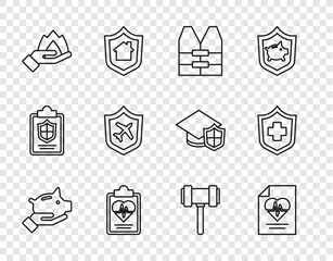 Sticker - Set line Piggy bank, Health insurance, Life jacket, Hand holding fire, Plane with shield, Judge gavel and icon. Vector