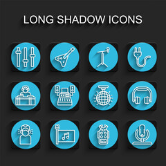 Poster - Set line Man in headphones, Music festival flag, equalizer, Microphone, recording studio, Headphones and Disco ball icon. Vector