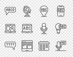 Wall Mural - Set line Speech bubbles with Question, Microphone voice device, Alphabet, Online translator, Foreign language online study, School timetable and Creative lamp light idea icon. Vector