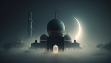 Ramadan's Celebration Background With Mosque And Crescent Moon At Night Generative Ai