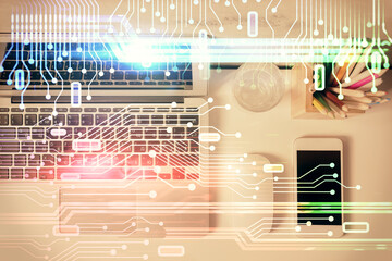 Aufkleber - Multi exposure of data drawing hologram over topview of study desk background with computer. Concept of technology.