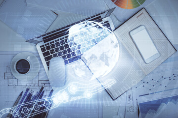 Aufkleber - Double exposure of map hologram drawing over study table background with computer. Concept of international network. Top view.