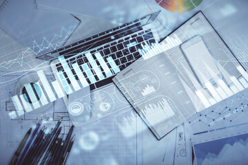 Poster - Multi exposure of forex chart drawing over table background with computer. Concept of financial research and analysis. Top view.