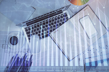 Poster - Multi exposure of forex chart drawing over table background with computer. Concept of financial research and analysis. Top view.
