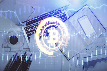 Poster - Blockchain theme hologram drawings over computer on the desktop background. Top view. Multi exposure. Concept of cryptoeconomy.