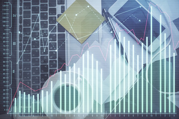 Poster - Double exposure of financial chart drawing over table background with computer. Concept of research and analysis. Top view.