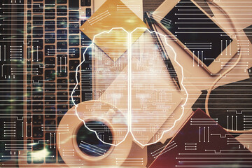 Poster - Multi exposure of brain sketch hologram over topview work table background with computer. Concept of big data.