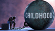 Childhood - a gigantic and unmovable weight chained to a vulnerable and suffering person in pain, misery and helplessness. Cold and tragic condition created by Childhood ,3d illustration