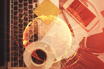 Aufkleber - Social network hologram drawings over computer on the desktop background. Top view. Multi exposure. Concept of people connection.