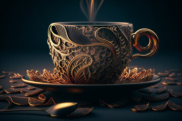 A simple yet elegant still life, featuring a steaming cup of coffee surrounded by the rich contrast of a golden-black background