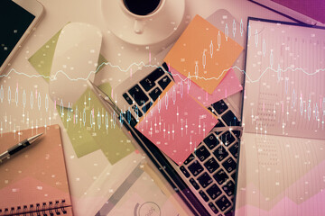 Aufkleber - Multi exposure of financial chart drawing over table background with computer. Concept of research and analysis. Top view.