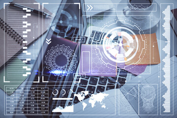 Aufkleber - Double exposure of data hologram sketch over study table background with computer. Concept of Ai. Top view.