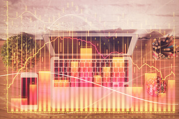 Aufkleber - Multi exposure of financial chart drawing over table background with computer. Concept of research and analysis. Top view.