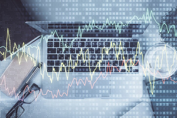 Poster - Multi exposure of financial chart drawing over table background with computer. Concept of research. Top view.