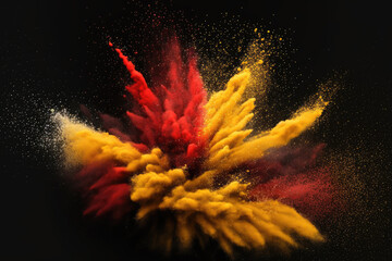 Wall Mural - Yellow and red chaotic powder explosion or splash on a black backdrop with copy space. Generative AI