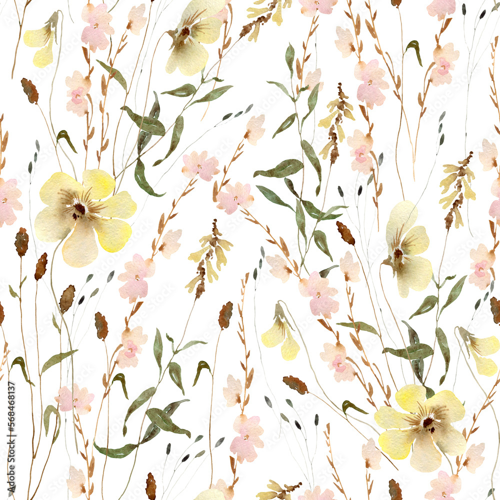 Watercolor boho wildflowers floral seamless pattern. Hand drawn elegant ...