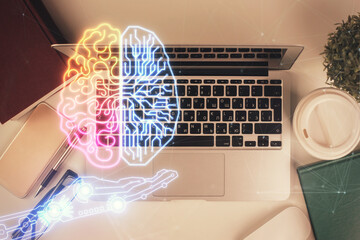 Fototapete - Multi exposure of brain sketch hologram over topview work table background with computer. Concept of big data.