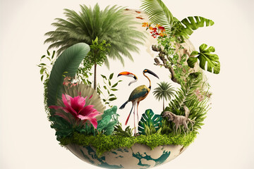 World environment and earth day concept with tropical globe and eco friendly enviroment. Generative ai.