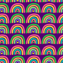 Rainbow Seamless Pattern Hippie Trippy Style. Colorful Cute Summer Sweet Texture With Hearts And Rainbows For Design Kids Wallpaper, Wrapper, Dress And Many Different Designs.
