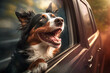 Happy dog with head out of the car window having fun. Travel with a pet concept. Generative AI.