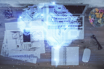 Aufkleber - Double exposure of brain drawing hologram over topview work table background with computer. Concept of big data.