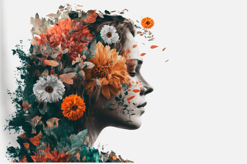 abstract contemporary art collage portrait of young woman with flowers, retro colors.