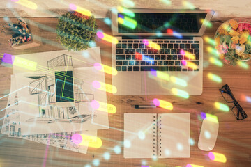 Aufkleber - Double exposure of data theme drawing hologram over topview work table background with computer. Concept of technology.