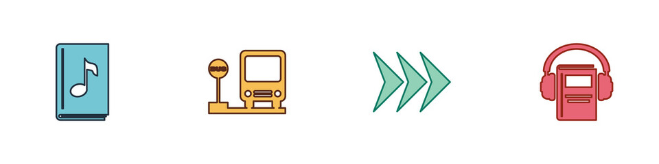 Poster - Set Audio book, Bus stop, Arrow and icon. Vector