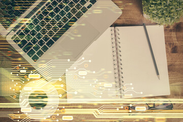 Aufkleber - Multi exposure of data theme drawing hologram over topview work desk background with computer. Concept of technology.