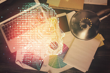 Aufkleber - Double exposure of brain drawing hologram over topview work table background with computer. Concept of big data.