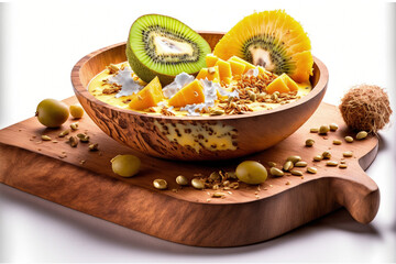 On a white backdrop, a wooden dish with mango yogurt has granola and kiwis. healthy breakfast with dairy products. Generative AI