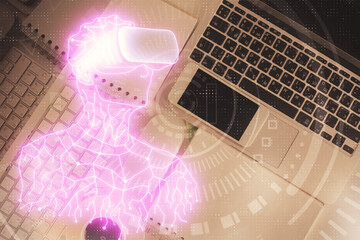 Poster - AR hologram drawings over computer on the desktop background. Top view. Multi exposure. Concept of augmented reality.
