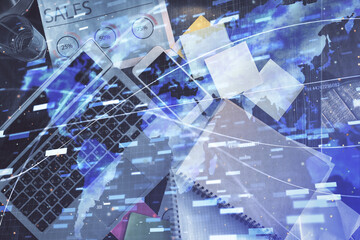 Fototapete - Multi exposure of data theme drawing hologram over topview work desk background with computer. Concept of technology.