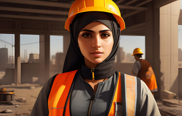 Wall Mural - a painting portrait of a Arab female Construction Worker in outfit - Generative AI